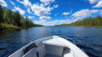 Serene lake view from boat bow on a clear day with forested shoreline and blue sky