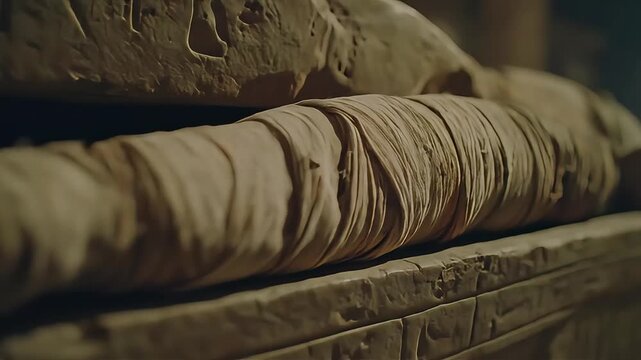 Close-up view of a mummified figure wrapped in bandages within an ancient stone sarcophagus.