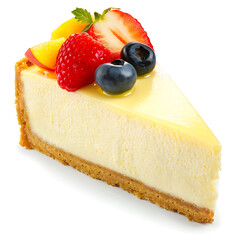 Slice of Creamy Cheesecake Topped with Fresh Berries and Mango