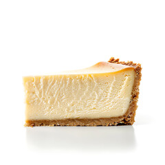 A slice of creamy cheesecake with a golden graham cracker crust, isolated on a white background.