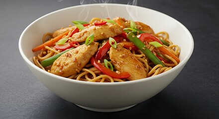 Chicken stir fry with noodles and vegetables in a white bowl.