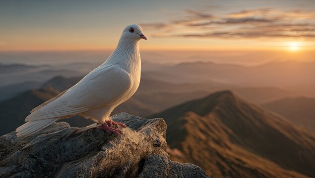 A serene white dove perched atop a mountain peak at sunrise. Sunrise over misty mountain range