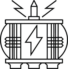 Industrial transformer icon with lightning bolt insignia, technical line-art, centered composition, scalable vector.