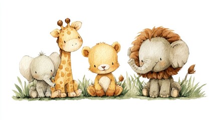 Cute cartoon safari animals in a row.  Four adorable, stylized giraffe, lion, bear, and elephant sit side-by-side in tall grass.  Watercolor-like textures.  Bright, light colors