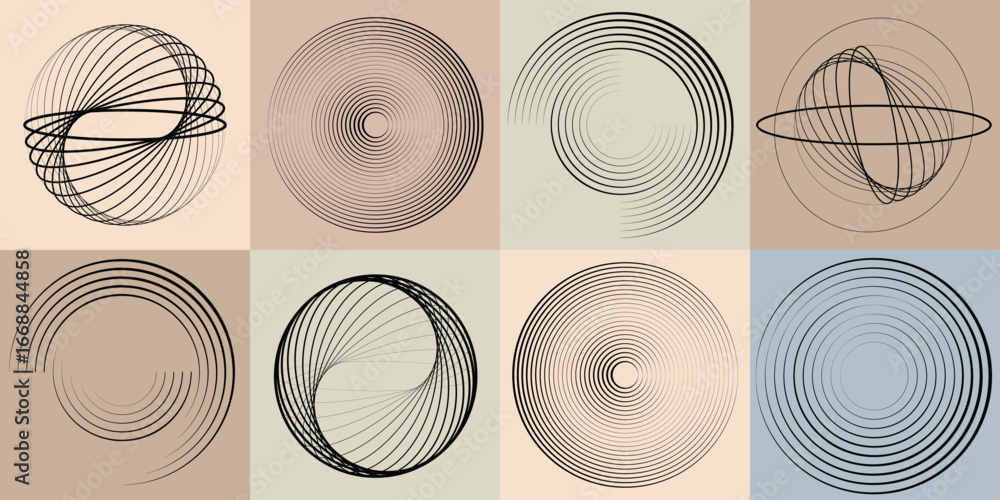 Poster lines and spirals in circle form .rotate rounded shape vector .rotating dots form a circle .rotating