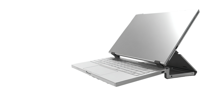 Sleek, light-gray laptop angled to the right, showing a keyboard and a large, flat screen