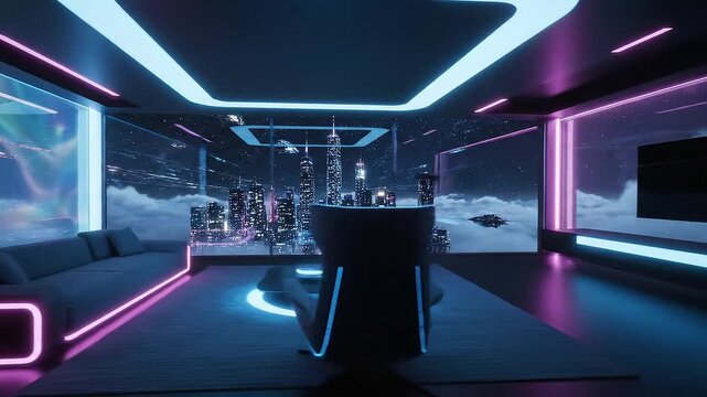 Futuristic luxury penthouse interior is surrounded by holographic glass walls with neon blue magenta accents and a panoramic cyberpunk skyline at night