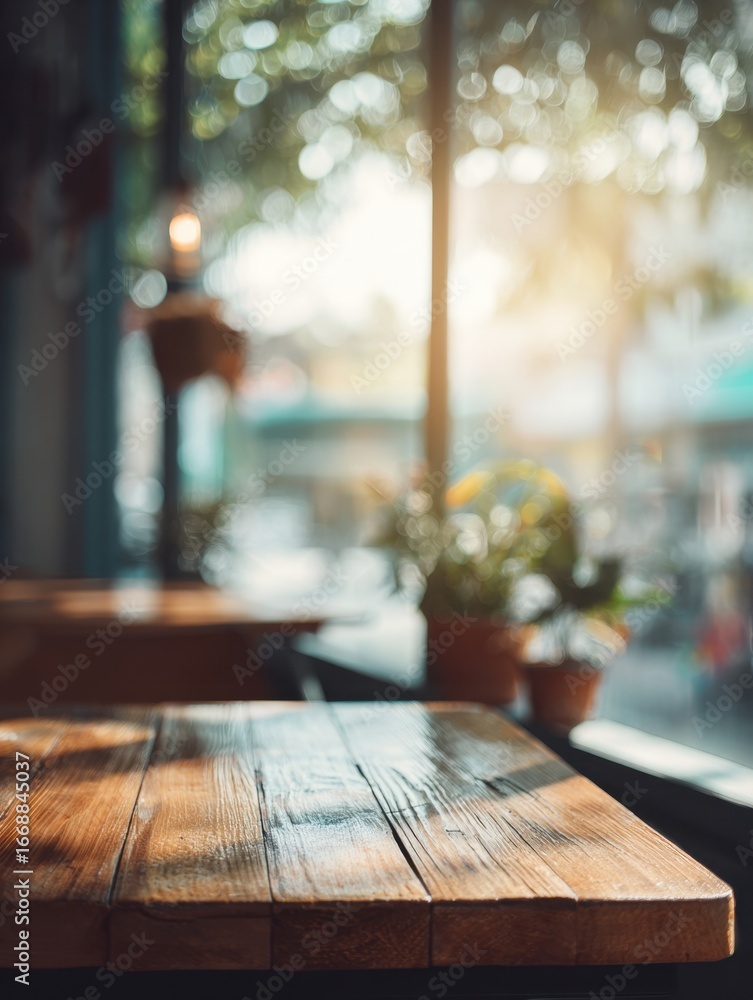 Poster Warm Cafe Table: A close-up showcases the rustic texture of a wooden cafe table. Sunlight streams in through the window.