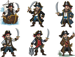 Cartoon pirate characters with swords, hats, ships, treasure, lanterns, skull emblems, sea adventure, black coat, red shirt, ocean voyage, historical illustration, vector art