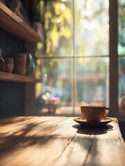 Coffee Cup on Wooden Table in Sunlit Room: A charming porcelain coffee cup sits atop a wooden table bathed in the warm glow of sunlight, overlooking a sunlit view from the window.