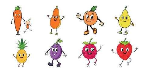 Cartoon Fruits and Vegetables Characters Set with Smiling Faces and Arms and Legs