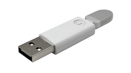A white USB flash drive with a silver connector.  Small button on top
