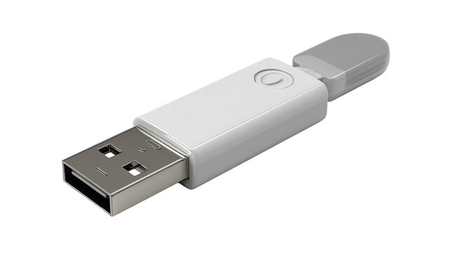 A white USB flash drive with a silver connector.  Small button on top