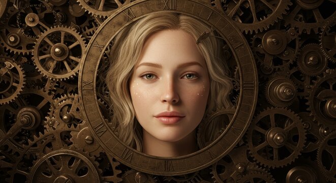 Clockwork Muse: A Woman's Visage Encased in the Gears of Time and Machinery