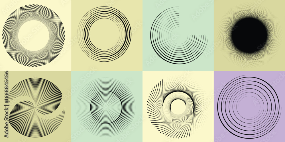 Poster lines and spirals in circle form .rotate rounded shape vector .rotating dots form a circle .rotating