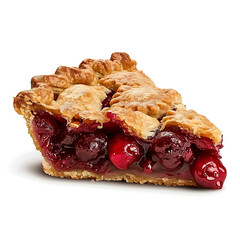 A slice of cherry pie with a flaky crust and juicy filling, isolated on a white background.