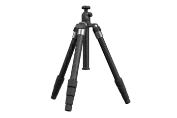 A black carbon fiber tripod, legs spread, centered on a black background.  Features a ball head mount and padded leg extensions