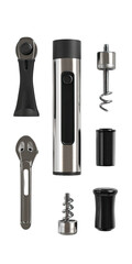 Fototapeta premium Stainless steel appliance parts. Multiple components, including a cylindrical body, a button, and various attachments, likely for a kitchen appliance. Grey/black/silver colored pieces