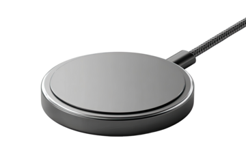 Wireless charging pad, gray, circular, flat, with cable