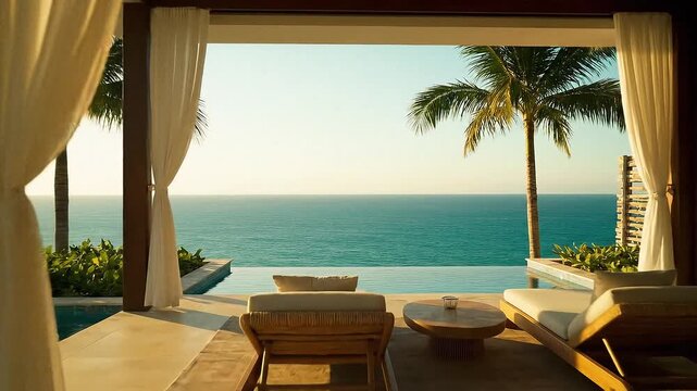 Tropical beachside penthouse interior is bathed in golden sunlight while sheer curtains are moving gently by a light ocean breeze