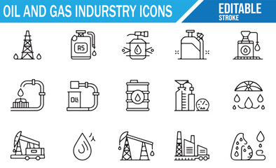 Outline Icons for Petroleum Industry, Oil Rigs, Pipelines, and Storage
