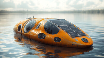 Intricately detailed rendering of a conceptual floating vehicle, equipped with solar panels and a water purification system, resting peacefully on the surface of a vast, still ocean that was 