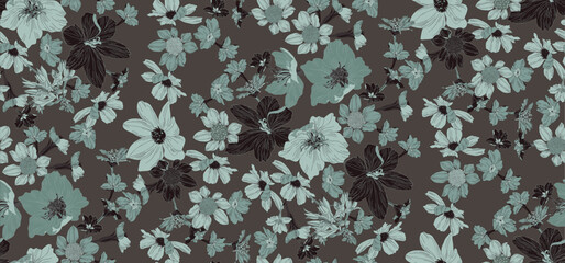 Vintage style flowers and leaves, seamless pattern on brown background