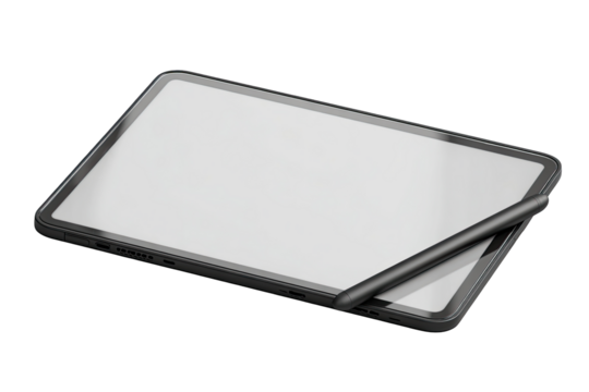Gray tablet with stylus.  Blank screen.  3D render