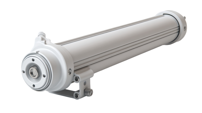 Light gray cylindrical device with mounting hardware