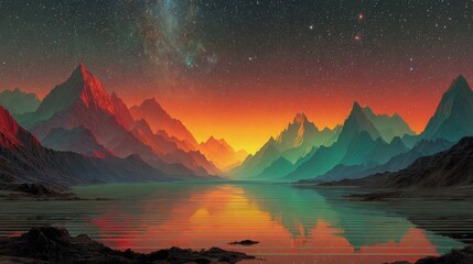 A beautiful landscape with mountains and a lake. The sky is filled with stars and the sun is setting, creating a warm and peaceful atmosphere