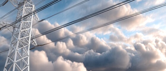 Tall power lines stand prominently against a vibrant sunset, reflecting the interplay of light and shadow over a wide field