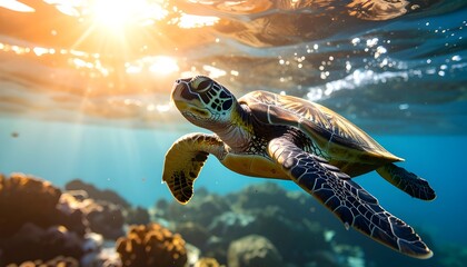 Obraz premium Beautiful green sea turtle glides through the tropical ocean, illuminated by the warm, golden rays of the sun