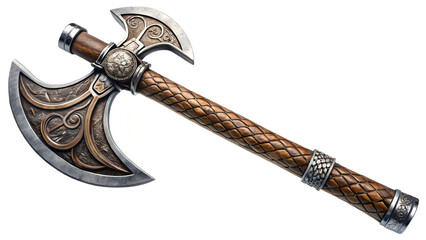 axe, battleaxe, weapon, fantasy, detailed, intricate, design, white background, studio shot, isolated, cutout, ornate, metal, steel, wood, handle, blade, sharp, medieval, viking, warrior, tool, artifa