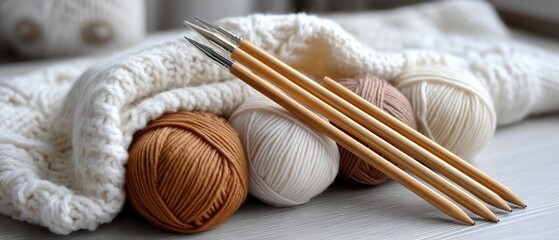 Soft yarn balls and shiny knitting needles are neatly placed on a cozy fabric, inviting a peaceful crafting session on a quiet afternoon