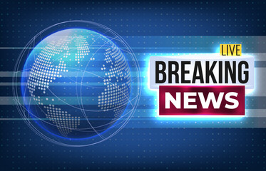 Fototapeta premium High-tech digital illustration of a glowing globe and breaking news banner. Suitable for global news, media broadcasts, or alert messages. Perfect for media and communication design themes.