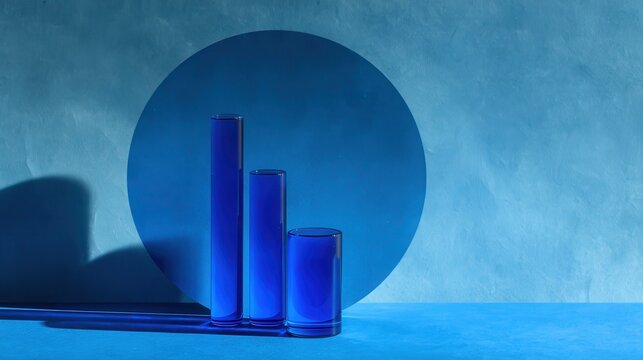 Vibrant photo of simple and minimalist design featuring three blue glass bar charts stacked on top of each other with an abstract circle behind them creating the impression