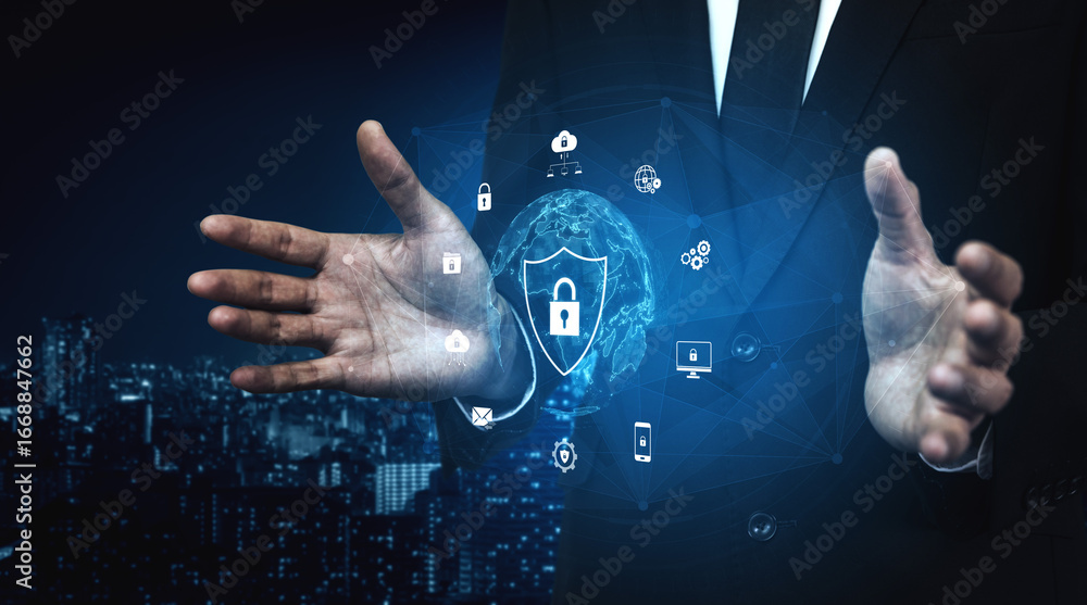 Poster cyber security protects against breaches, hacks, and network attacks using strong infrastructure and