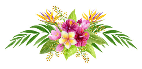 Tropical bouquet. Floral ornament. Watercolor painting with Hibiscus flowers and palm leaves. Tropic floral summer composition.