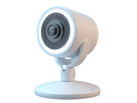White, cylindrical security camera with a circular light ring and adjustable swivel mount.  A lens is centered on the front