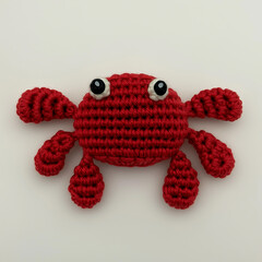A charming, handcrafted red crab, meticulously crocheted with detailed stitches. A delightful artisan creation. 