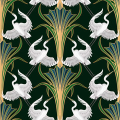 A seamless vector artdeco pattern featuring elegant white cranes and golden stylized foliage on a dark green background.
