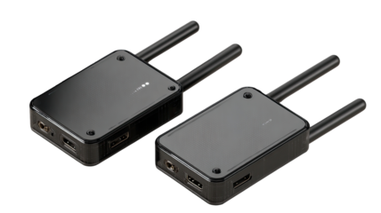 Two black wireless video transmitters, slightly different sizes,  with antenna ports