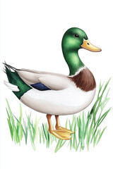 An elegant mallard duck stands proudly on a grassy knoll, showcasing its striking plumage and the serene charm of nature.