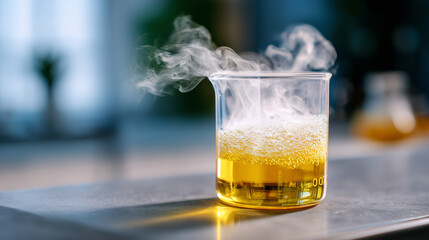 A close-up shot captures the precise details of a scientific experiment in a laboratory setting. Focus on a clear beaker containing a vibrant yellow liquid, with wisps of smoke gently rising.