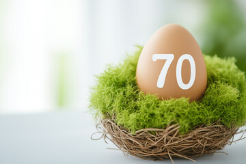 A symbolic representation of longevity, with the number '70' displayed on an egg nestled in a bed of moss, highlighting the milestone anniversary of a life well-lived.