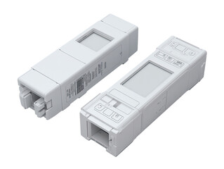 Two white rectangular devices, angled, with digital displays and connectors