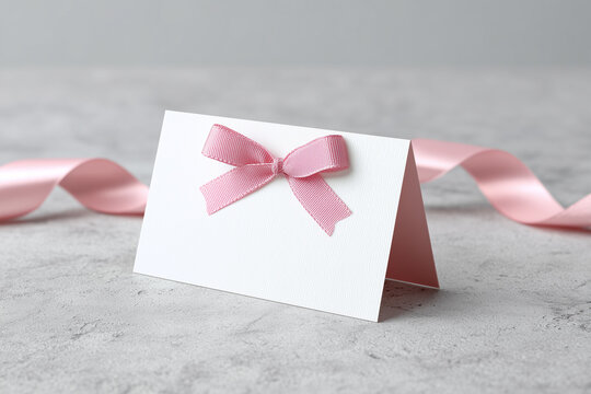 A blank greeting card adorned with a charming pink bow. This image creates a sense of anticipation. Perfect for conveying sentiments of thoughtfulness, joy, and celebration. - Powered by Adobe