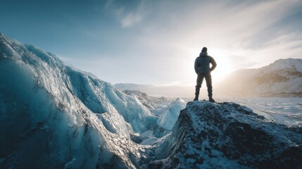 Fototapeta premium Adventurer standing on a snow-covered peak with a majestic icy landscape