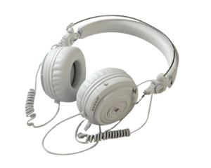 A pair of over-ear headphones, off-white in color, with a circular, textured design on the earcups and a coiled cord