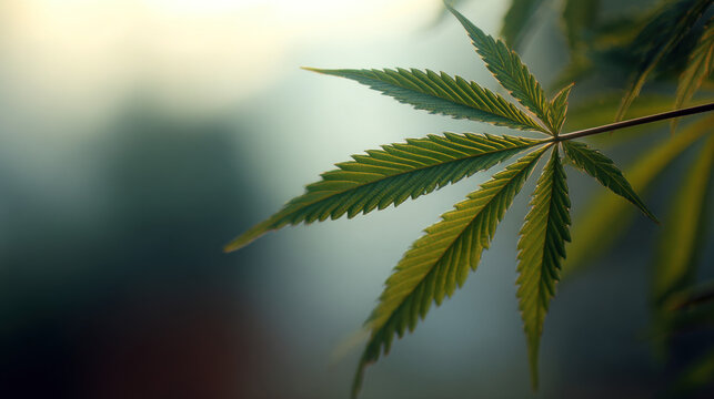 A close-up reveals the delicate structure of a cannabis leaf, showcasing its vivid green hues and natural form against a blurred backdrop